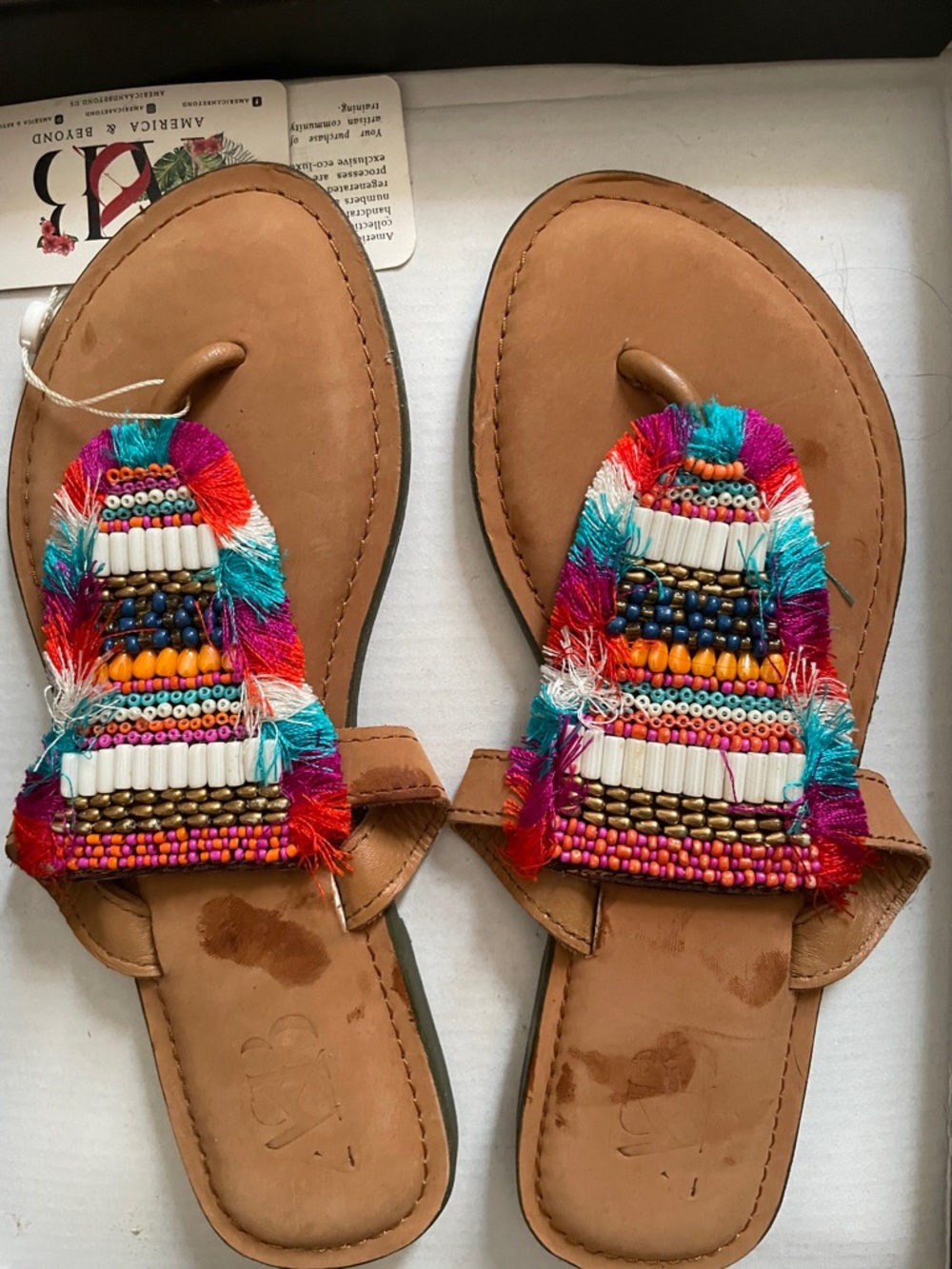 Beaded Fringe Tan Thong Sandals with Multicolor Embellishment